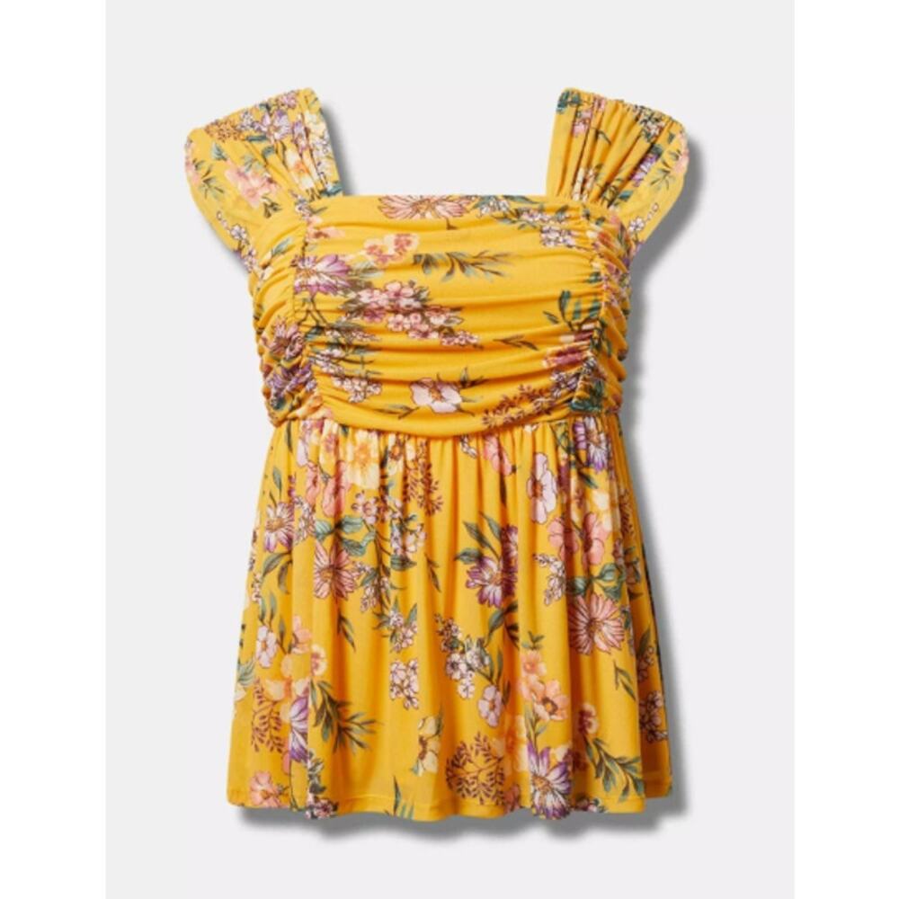 Torrid Floral Stretch Mesh Square Neck Shirred Peplum Women's 2X‎ Yellow